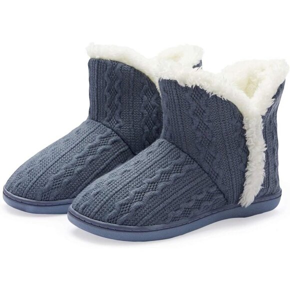 Shoes - Women's Winter Warm Dark Gray Fluffy Fur Lined Plush Bootie Slippers Shoes